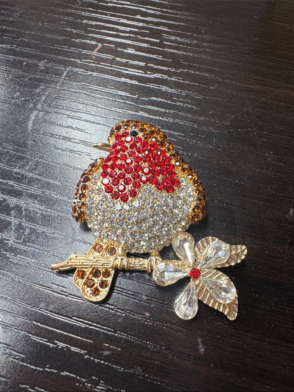 Sparkling Bird Brooch Pin in Red, Gold tone and rhinestone